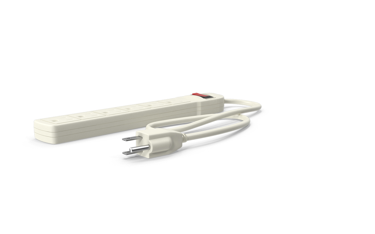 A beige power strip with a plug and cord.